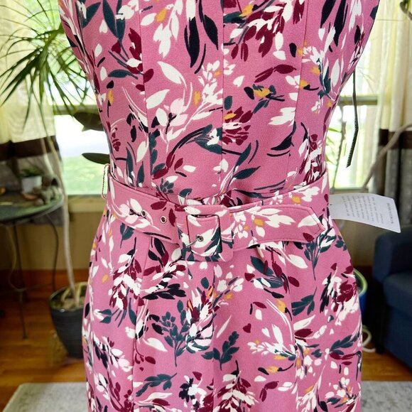 NWT Maggy‎ London Pink Floral Belted Dress Sleeveless 4 A-Line Midi - Picture 8 of 8